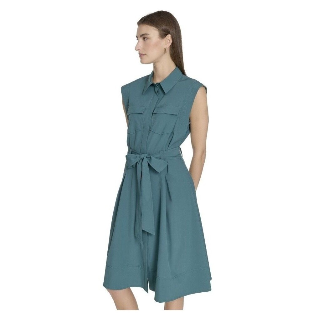 Andrew Marc Women’s Green Solid Sleeveless Button-Front Belted Shirt Dress Sz 12 - Picture 9 of 10